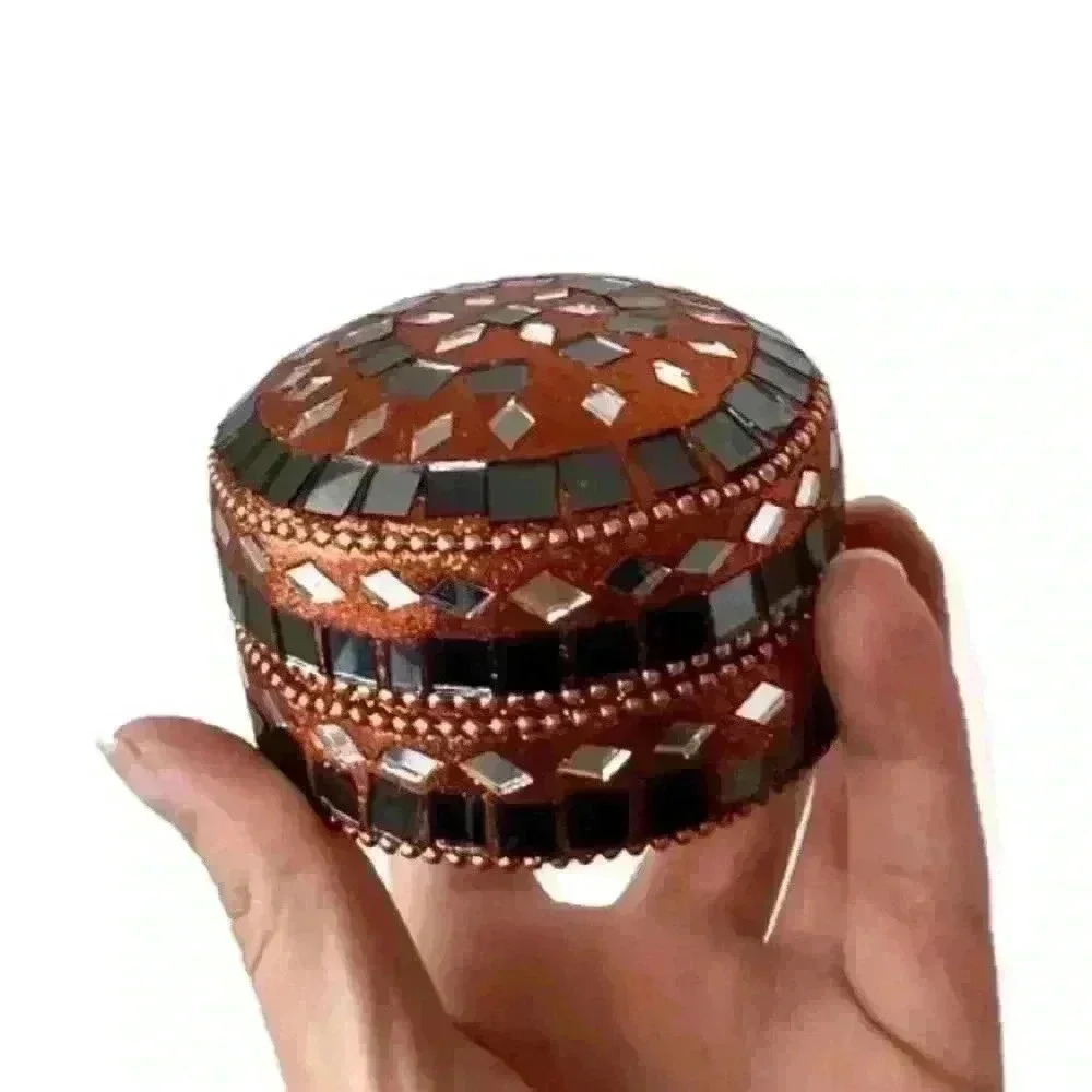 Bejeweled Orange Diamond  Jewelry Trinket Tin Bohemian Home Decor Organizer